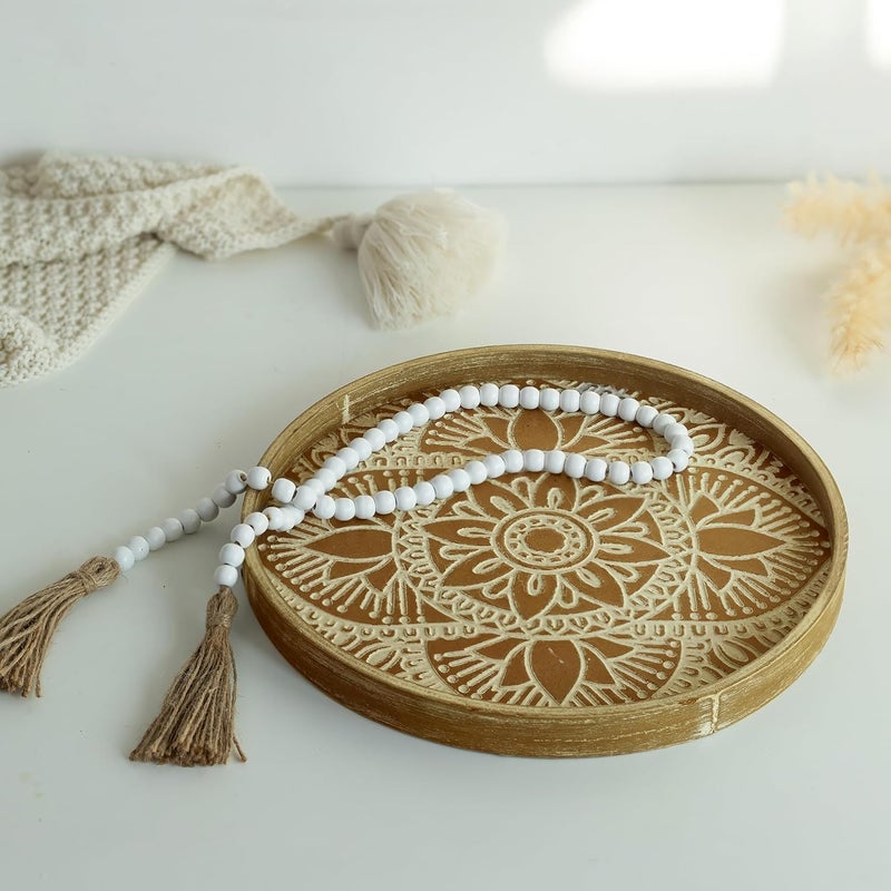 Hanobe Round Decorative Tray for Centerpiece: 2Pcs Vintage Coffee Table Trays with Boho Bead Garlandfor Home Decor - Farmhouse Wood Serving Platter Circle for Kitchen Counter Women - Image 2